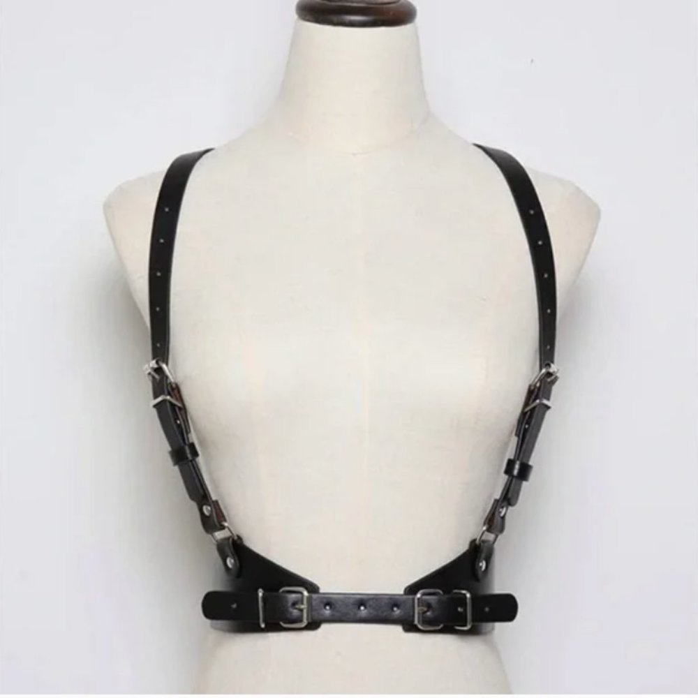 Harness Belt Black Leather Goth Rave Adjustable - Picture 4 of 4